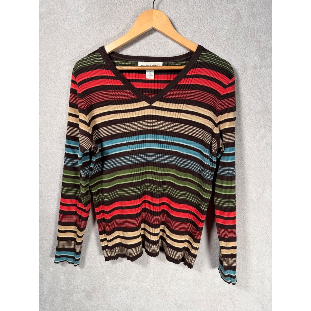 Jones New York Sport Womens 1X Multi Color Striped Cotton V-Neck Ribbed Sweater